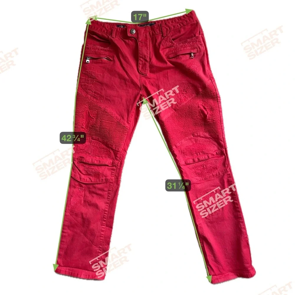 Damati Jeans Red Biker Moto Pants Men's 17x31.25 Distressed Zipper Pockets 36/32